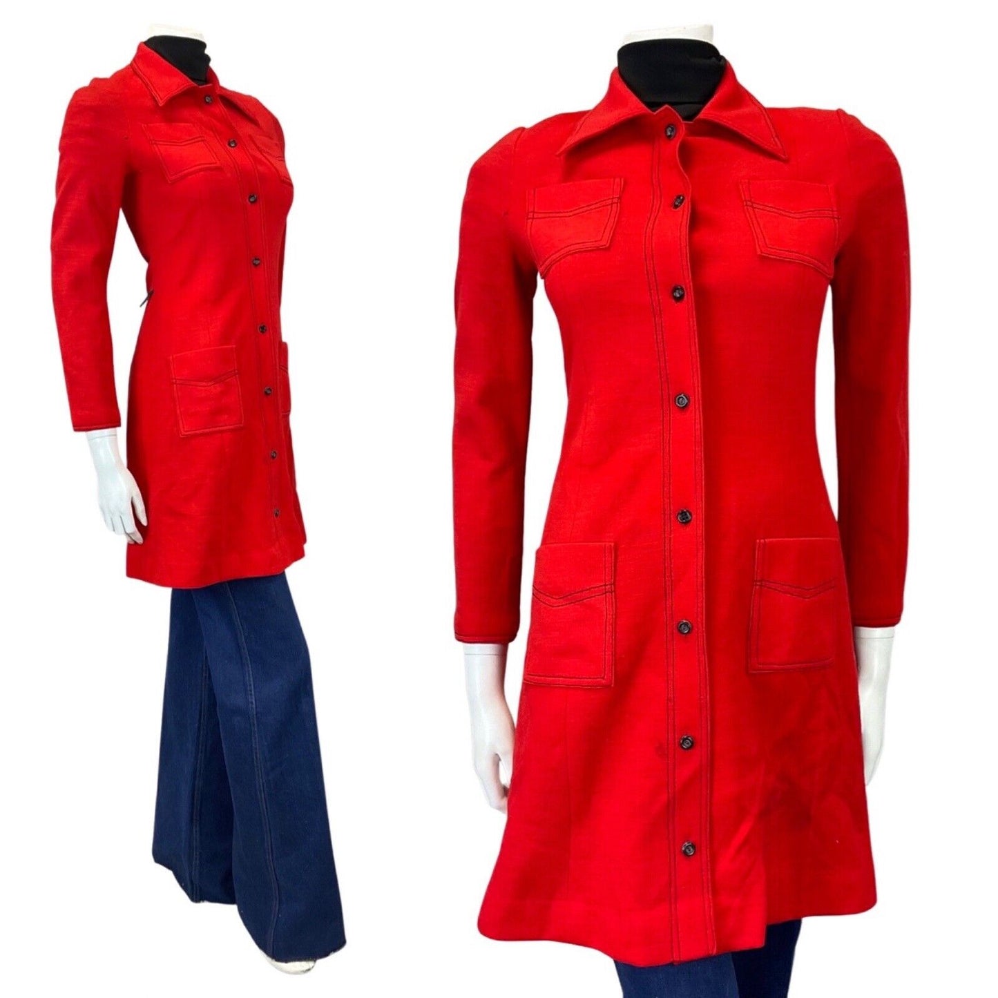 VINTAGE 60s 70s PILLARBOX RED DAGGER COLLAR MOD WOOL PRINCESS DRESS COAT 8 10