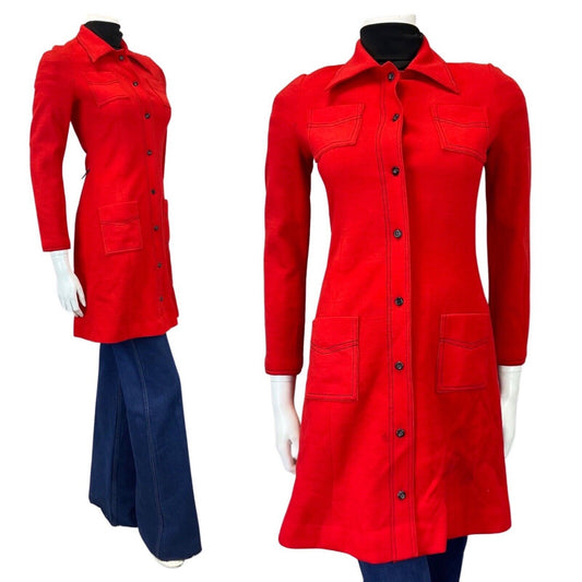 VINTAGE 60s 70s PILLARBOX RED DAGGER COLLAR MOD WOOL PRINCESS DRESS COAT 8 10