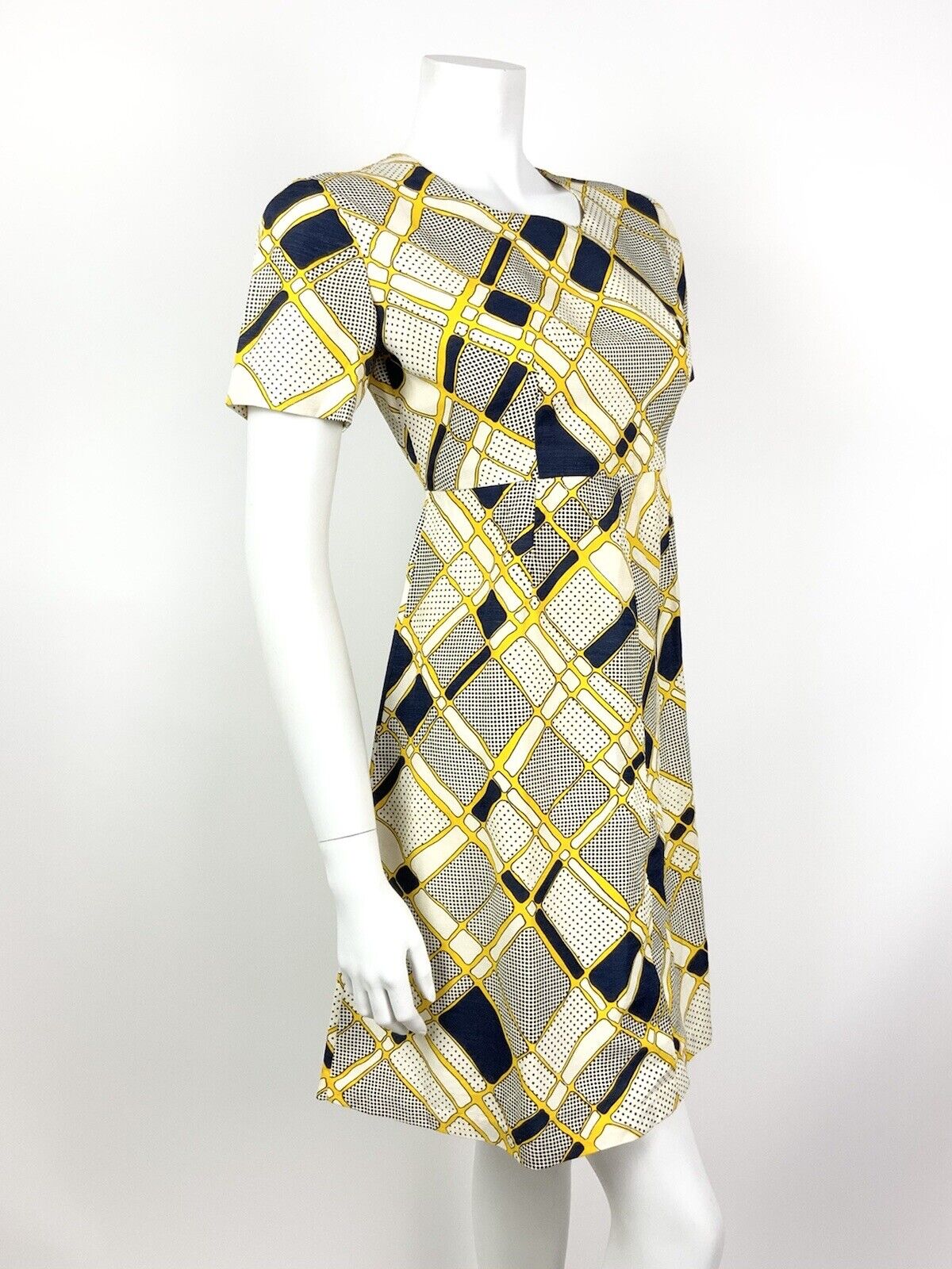 VINTAGE 60s 70s WHITE NAVY BLUE YELLOW GEOMETRIC POLKA-DOT MOD DRESS 10 12