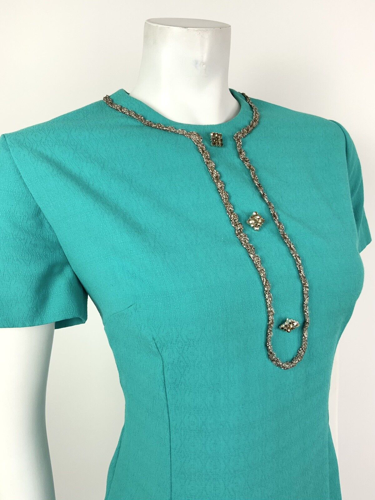 VTG 60s 70s GREEN TEAL BRONZE SILVER DIAMANTE BIRDS-EYE MOD DRESS 14 16