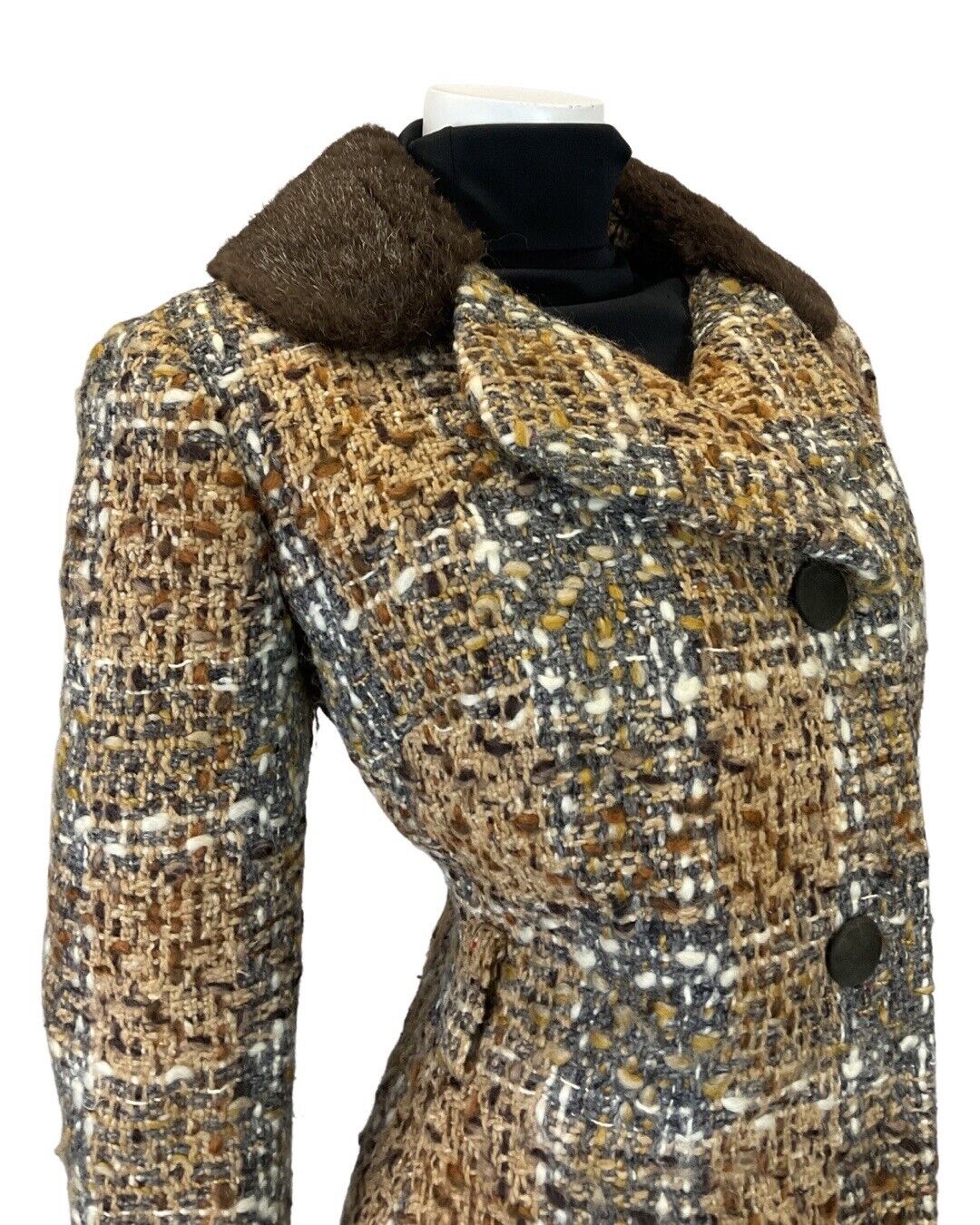 VINTAGE 60s 70s BROWN CREAM PLAID CHECKED FAUX FUR MOD WOOL COAT 16