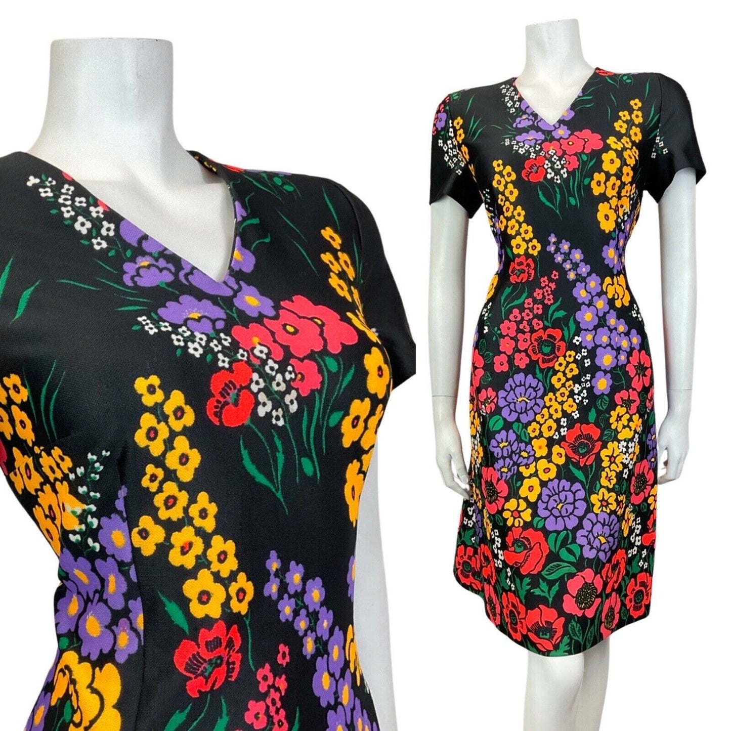 VINTAGE 60s 70s BLACK YELLOW LILAC FLORAL POPPY MOD SHORT SLEEVE DRESS 12 14