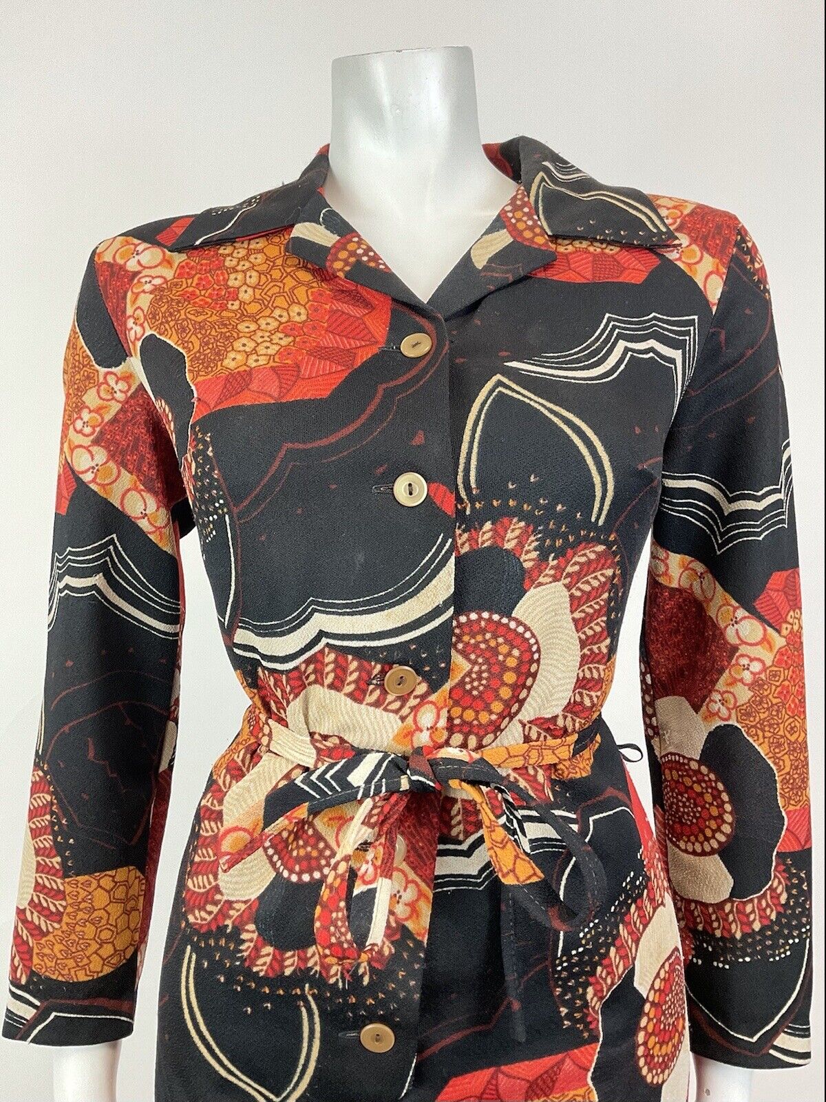 VINTAGE 60s 70s BLACK RED ORANGE FOLK FLORAL LEAFY DAGGER MOD SHIRT DRESS 16