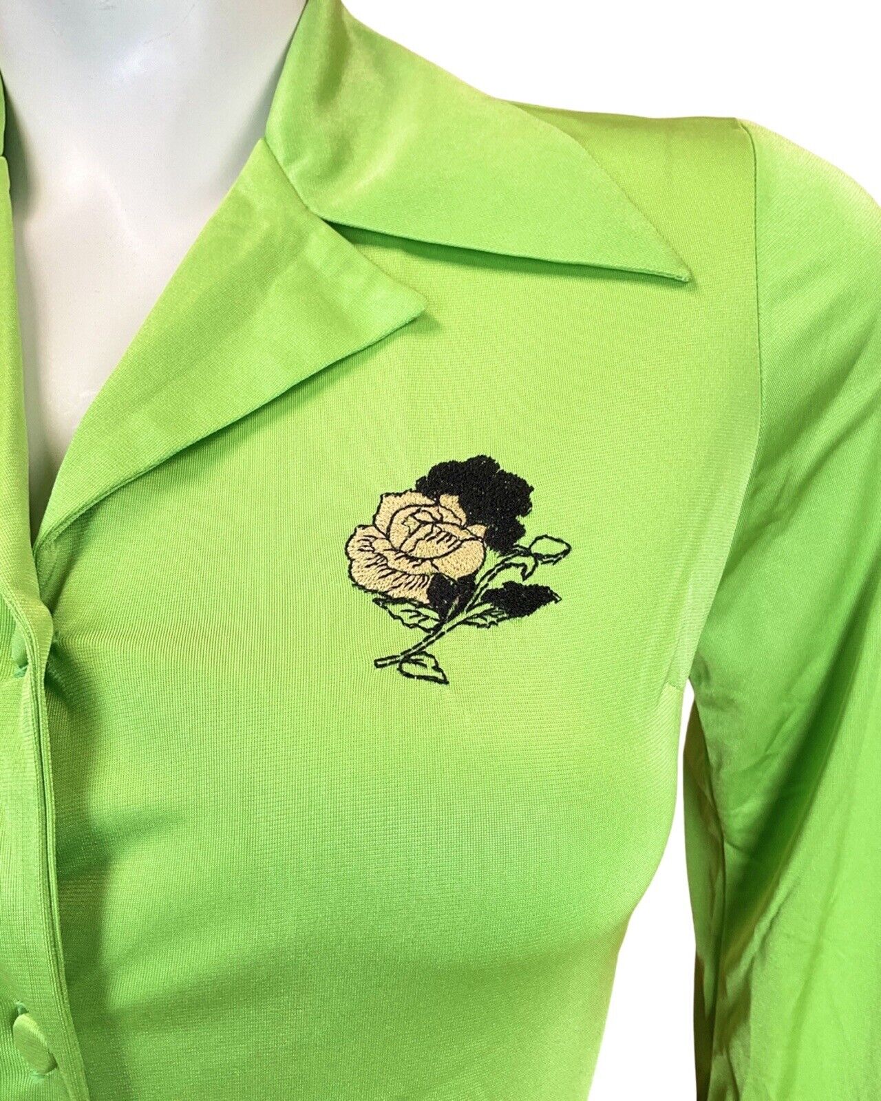 VINTAGE 70s 90s LIME GREEN BLACK EMBROIDERED ROSE MOD DAGGER SHIRT 8 10