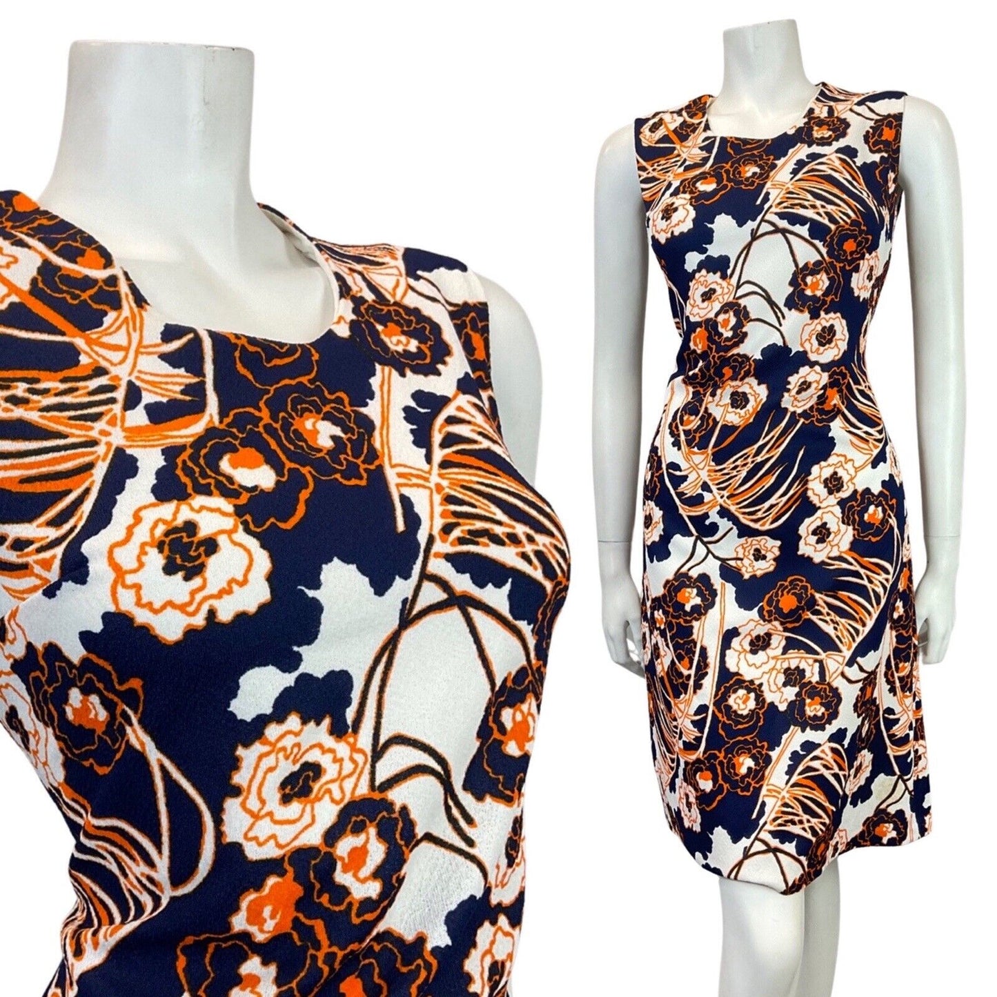 VINTAGE 60s 70s BLUE WHITE ORANGE PSYCHEDELIC FLORAL MOD SLEEVELESS DRESS 10