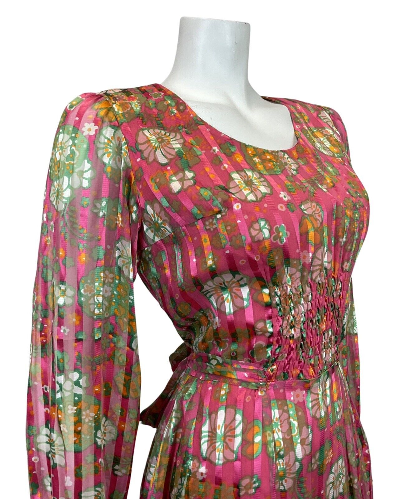 VINTAGE 60s 70s FUCHSIA PINK GREEN WHITE FLORAL STRIPED SHEER MOD DRESS 10 12