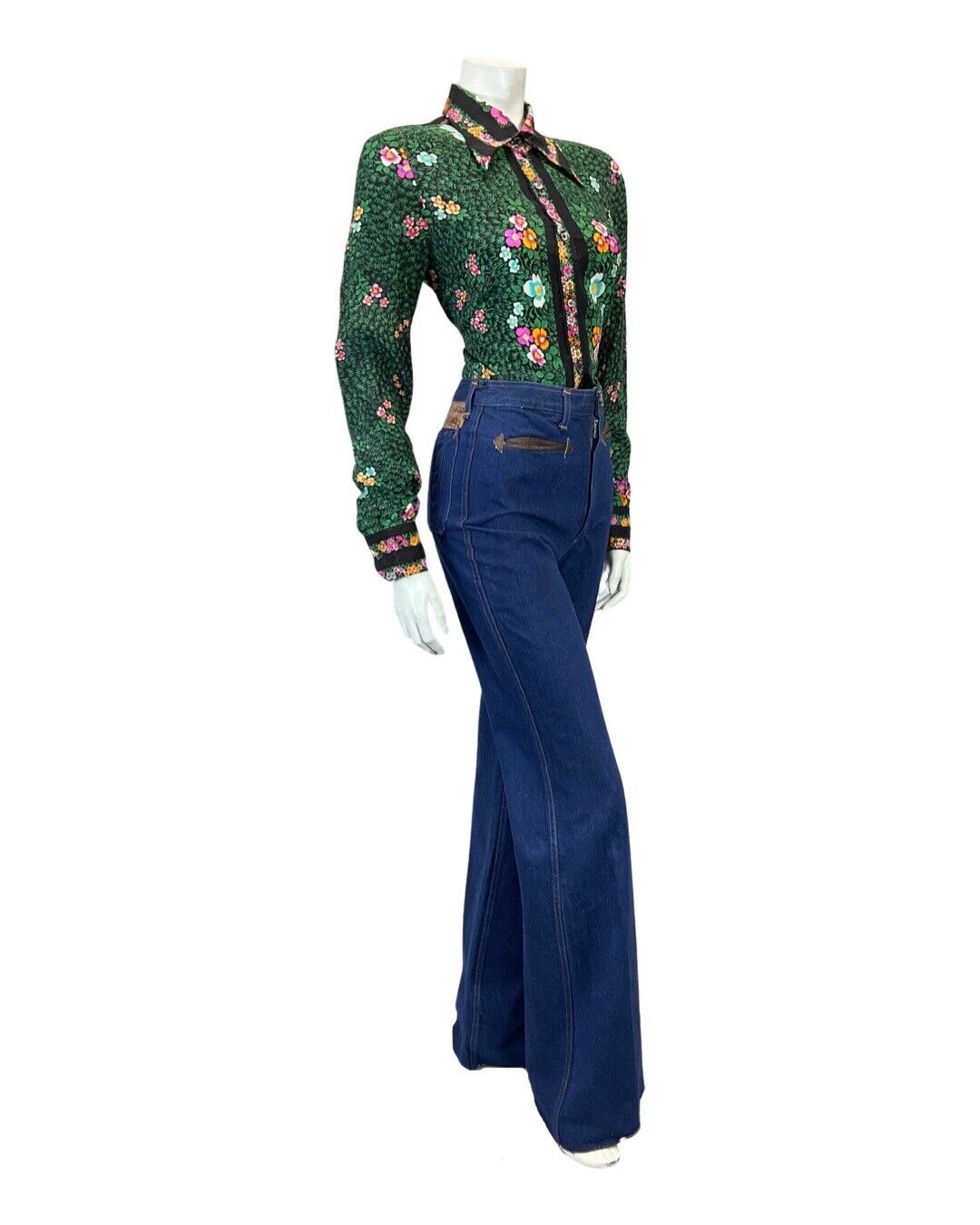 VINTAGE 70s 90s GREEN BLACK PINK LEAFY FLOWER GARDEN DAGGER COLLAR BLOUSE 12 14