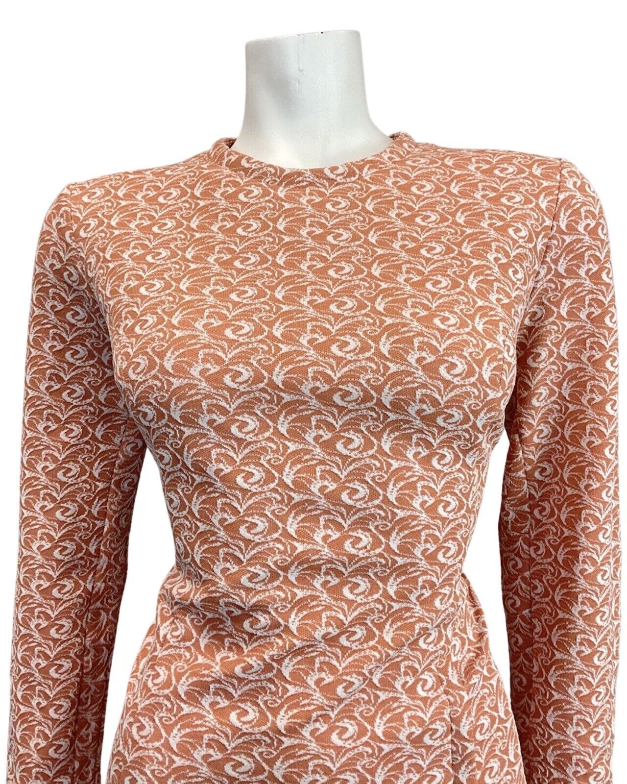 VINTAGE 60s 70s PEACH ORANGE WHITE SWIRL LONG-SLEEVE MOD SHORT DRESS 14 16