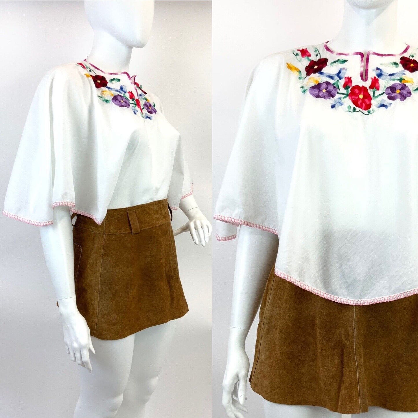 VINTAGE 60s 70s WHITE RED BLUE GREEN FLORAL BIRD ROSE BOHO FOLK CAPE TOP 18 20
