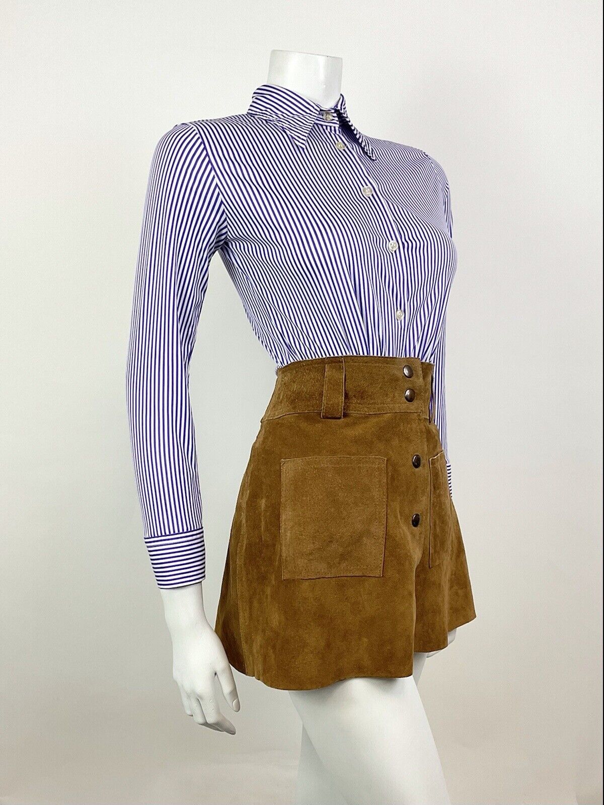 VINTAGE 60s 70s PURPLE WHITE STRIPED MOD DAGGER SHIRT BLOUSE 8