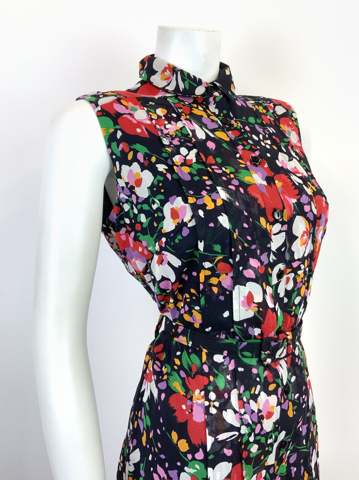 VTG 60s 70s BLACK RED WHITE GREEN FLORAL BELTED MOD SLEEVELESS SHIRT DRESS 12 14