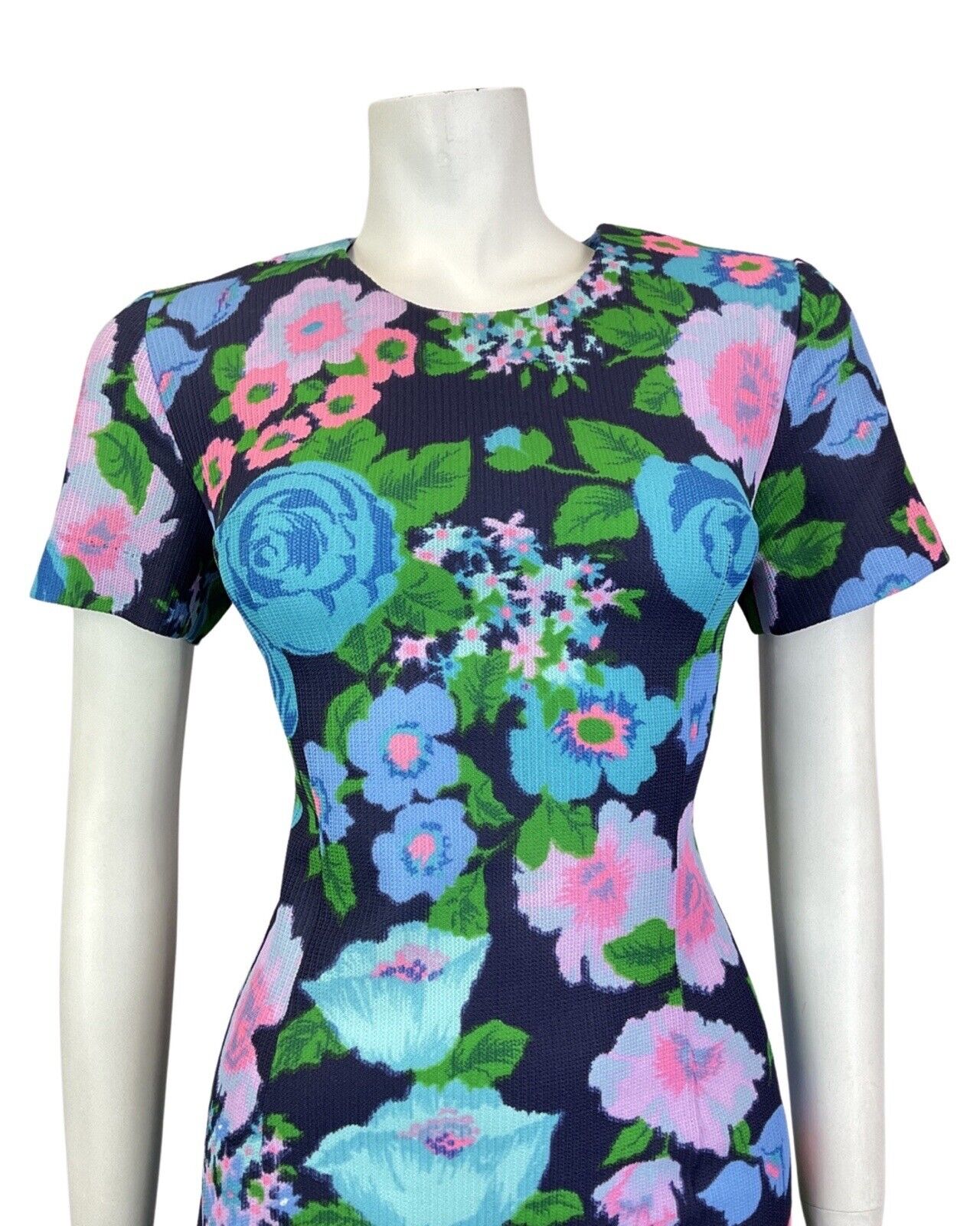 VINTAGE 60s 70s BLUE PURPLE GREEN FLORAL ROSE MOD SHORT DRESS 10 12
