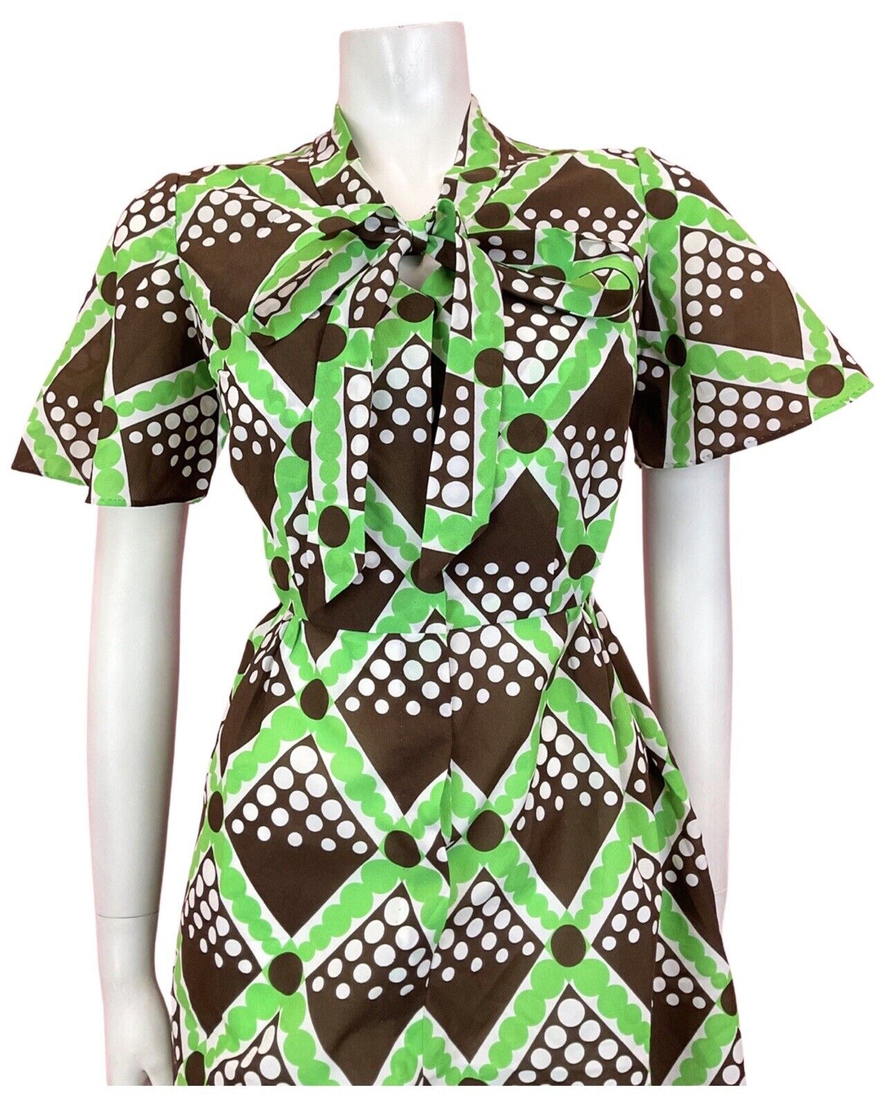 VINTAGE 60s 70s BROWN GREEN WHITE CHECKED GEOMETRIC PUSSYBOW MOD DRESS 10 12