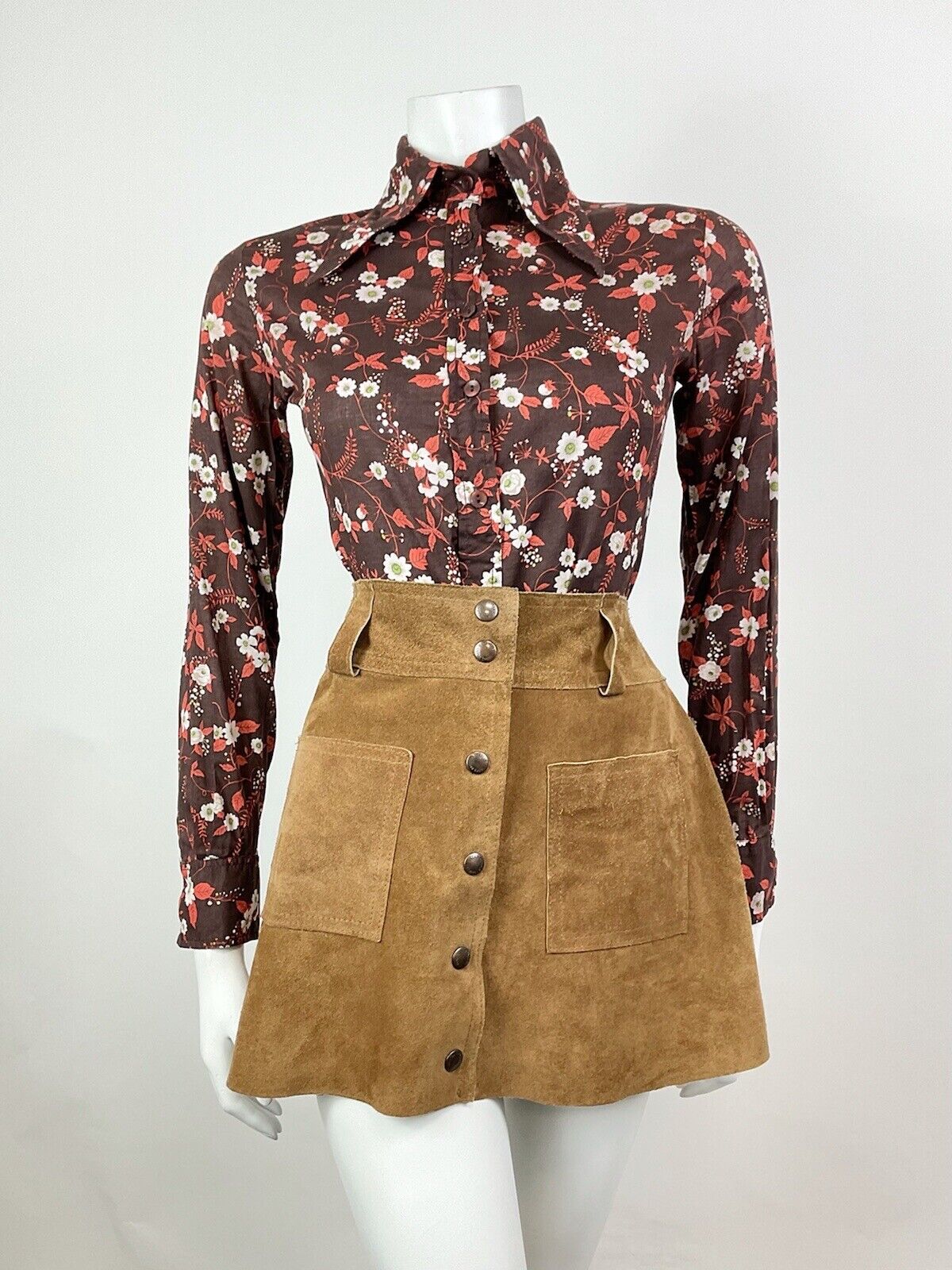 VTG 60s 70s BROWN WHITE ORANGE BOTANICAL FLORAL LEAFY BERRY DAGGER SHIRT 8 10