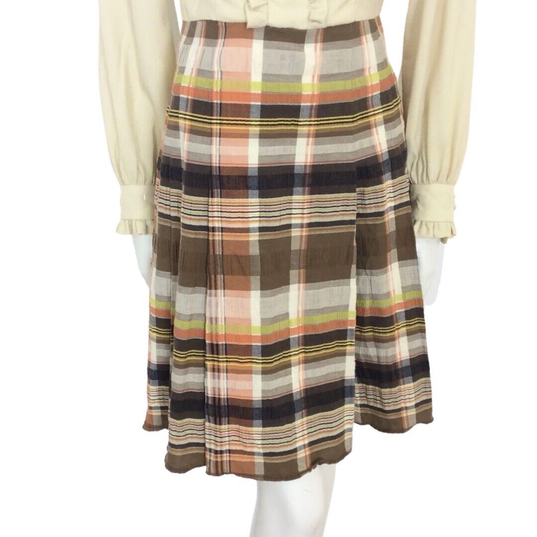 VINTAGE 60S CREAM BROWN PLAID TARTAN MOD MAD MEN SECRETARY SHIRT DRESS 8 10