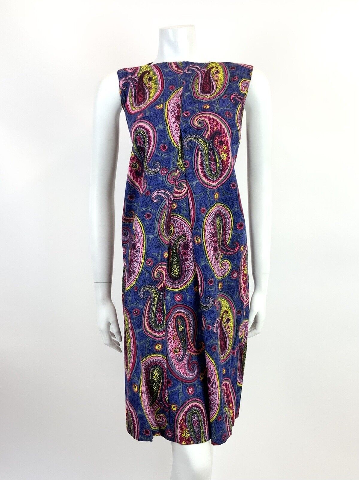VTG 60s 70s BLUE PINK YELLOW PSYCHEDELIC PAISLEY MOD SHIFT  A-LINE DRESS 10 12