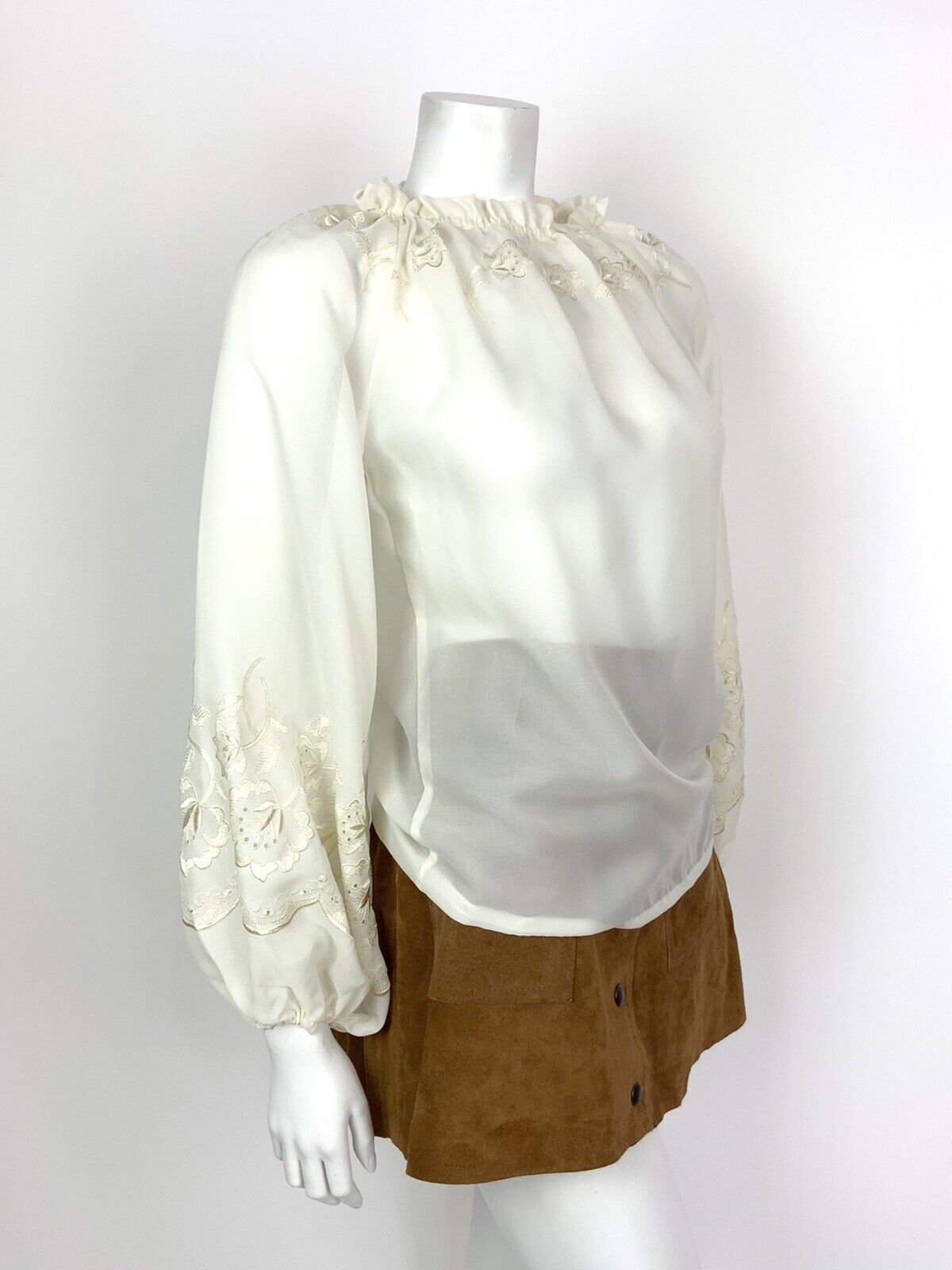 VTG 60s 70s CREAM EMBROIDERED FLORAL PUFF SLEEVE SHEER PEASANT BOHO TOP 8 10
