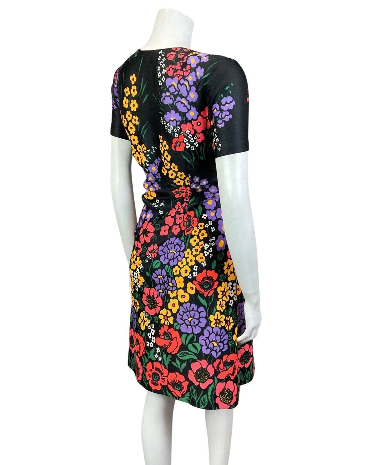 VINTAGE 60s 70s BLACK YELLOW LILAC FLORAL POPPY MOD SHORT SLEEVE DRESS 12 14