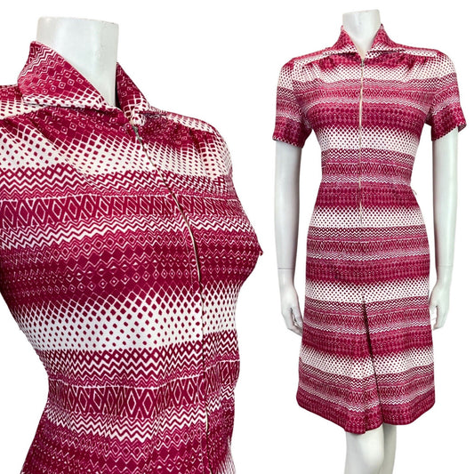 VINTAGE 60s 70s PURPLE GEOMETRIC STRIPED ZIG-ZAG DOTTY ZIP-UP MOD SHIRT DRESS 12