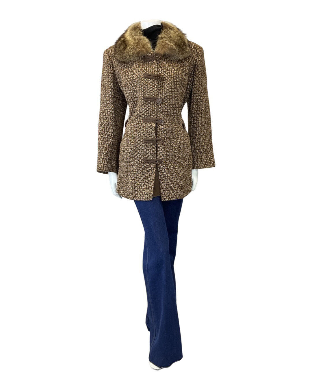 VINTAGE 60s 70s BROWN CREAM TWEED BOHO MOD SHORT WOOL COAT 16 18