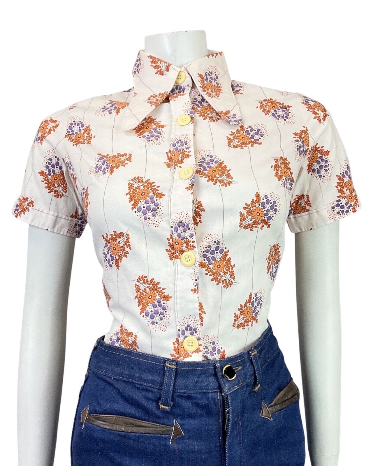 VTG 60s 70s WHITE ORANGE PURPLE FLORAL DOTTY DAGGER COLLAR SHIRT BLOUSE 10 12