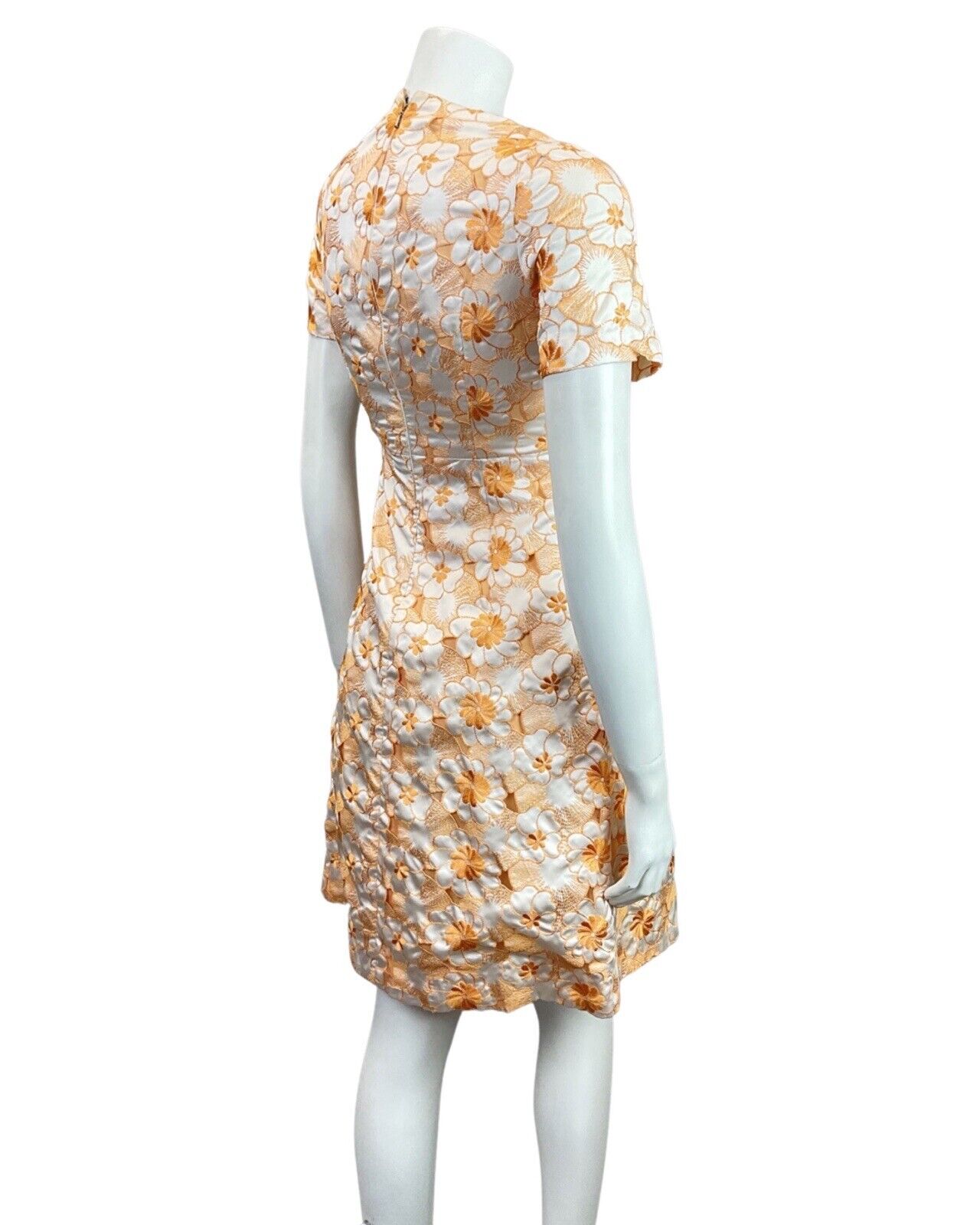 VINTAGE 60s STYLE 90s ORANGE WHITE FLORAL EMBROIDERED CUT-OUT MOD DRESS 6 8