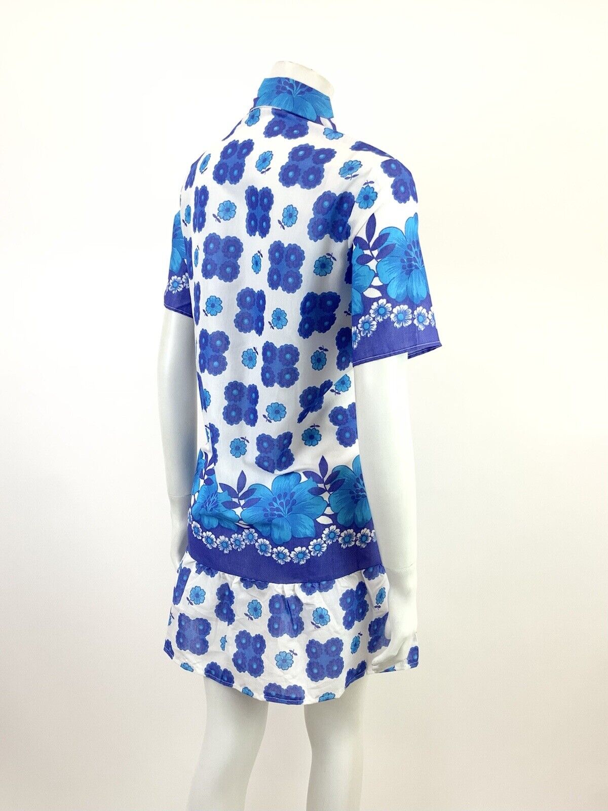 VINTAGE 60s 70s WHITE BLUE PURPLE FLORAL DOG EAR COLLAR MOD SHIRT SHIFT DRESS 16