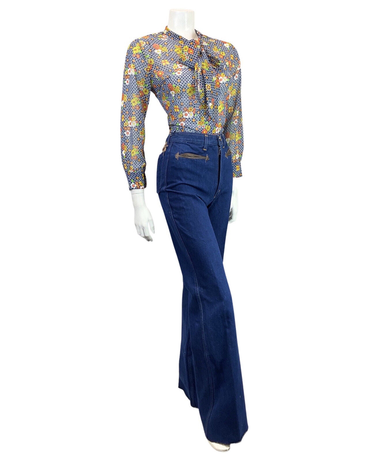VINTAGE 60s 70s BLUE WHITE ORANGE CHECKED FLORAL PUSSYBOW SHEER BLOUSE 10 12