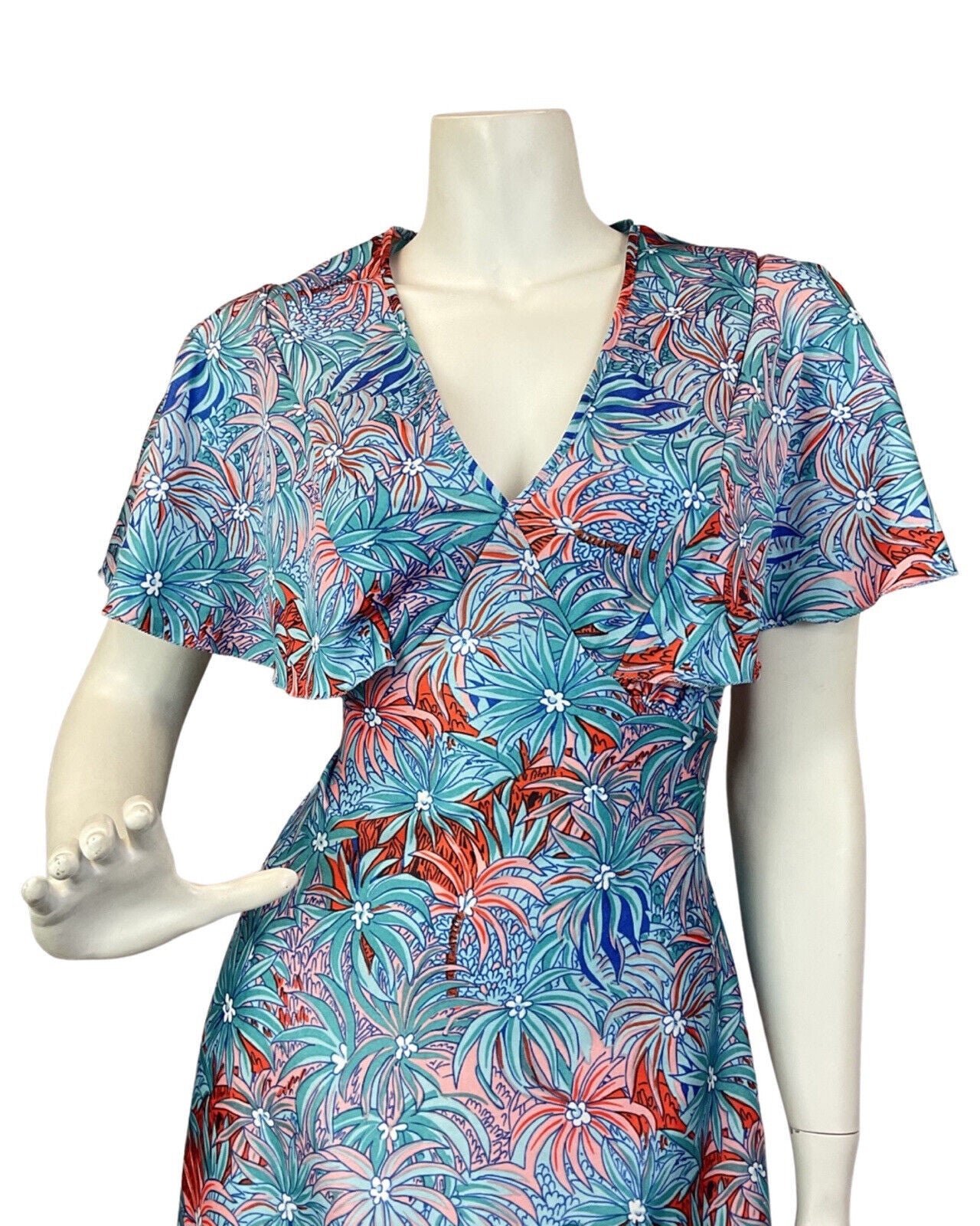 VINTAGE 60s 70s BLUE RED PEACH PSYCHEDELIC PALM LEAF FLORAL CAPED MAXI DRESS 14