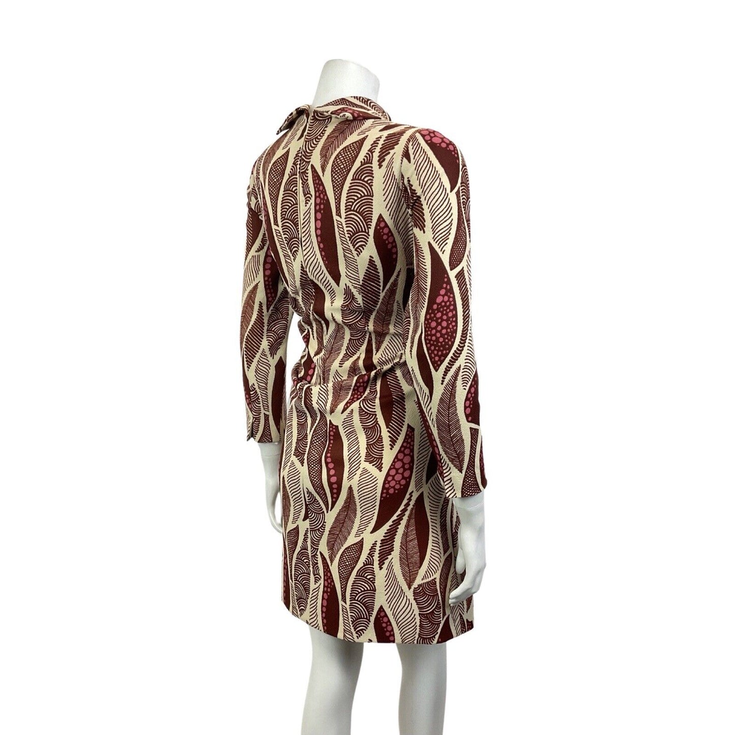VINTAGE 60s 70s CREAM BROWN PINK PSYCHEDELIC FEATHER TURTLENECK MOD DRESS 10 12