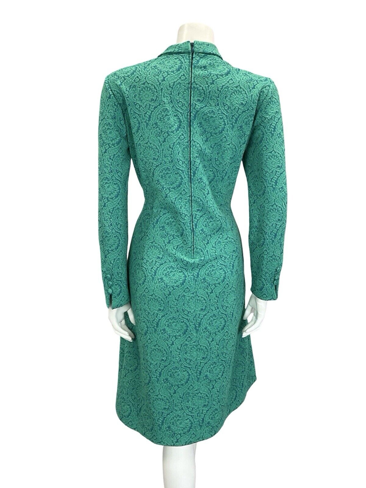 VTG 60S TEAL BLUE GREEN SPARKLY PAISLEY ROUNDED COLLAR PARTY MIDI DRESS 16