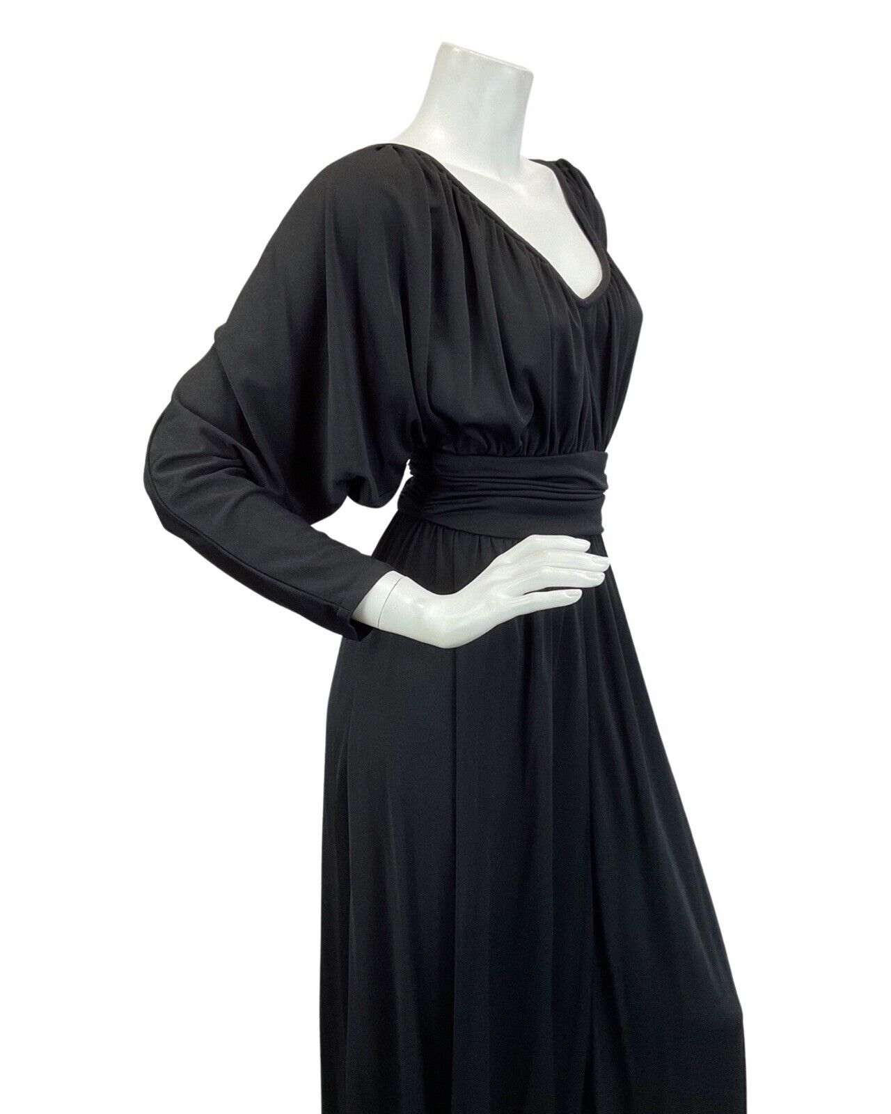 VINTAGE 60s 70s BLACK BAT WING BOHO DISCO PARTY EVENING MAXI DRESS 10