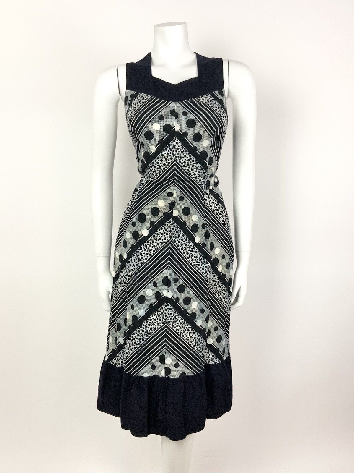 VTG 60s 70s BLACK WHITE STRIPED DOTTY GEOMETRIC FOLK BOHO RUFFLED DRESS 10 12