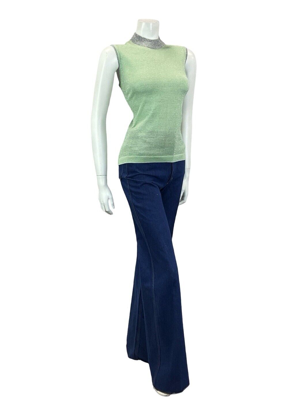 VTG 60S MOD GOGO PASTEL GREEN SILVER LUREX HIGH NECK BOXY PARTY TANK TOP 10