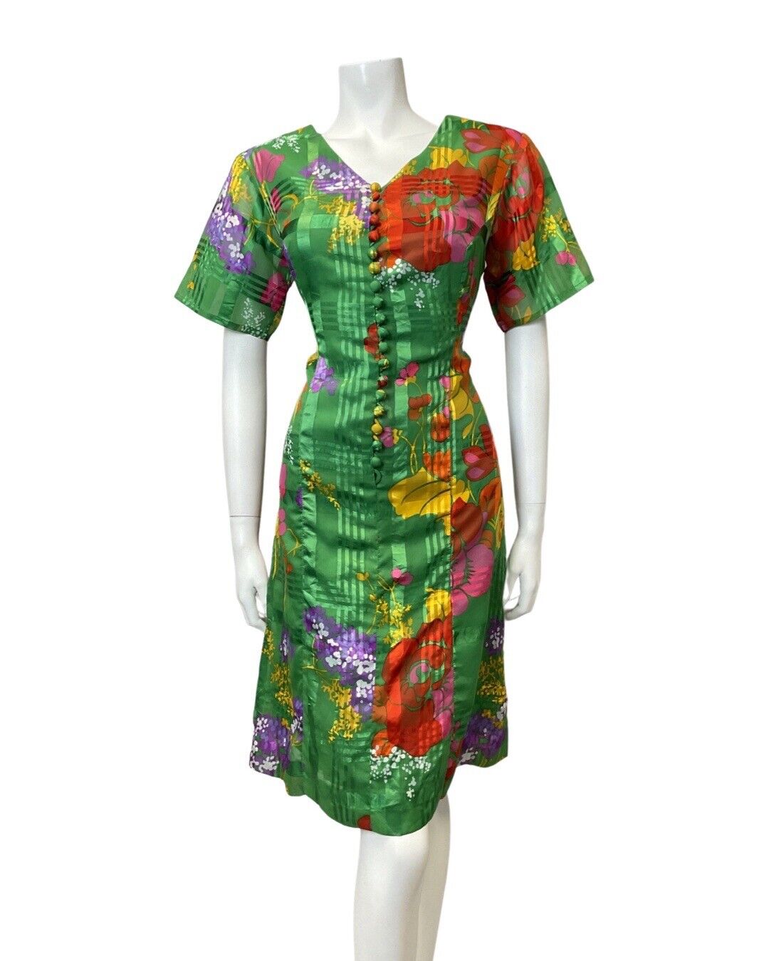 VINTAGE 60s 70s GREEN PURPLE RED FLORAL PLAID SHEER MOD DRESS 12 14