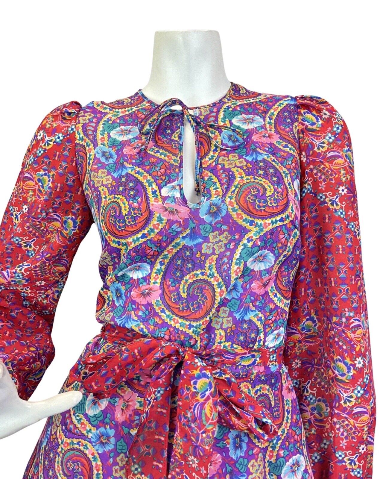 VINTAGE 70s PURPLE RED BLUE PSYCHEDELIC FLORAL PAISLEY BOHO FOLK MAXI DRESS 8