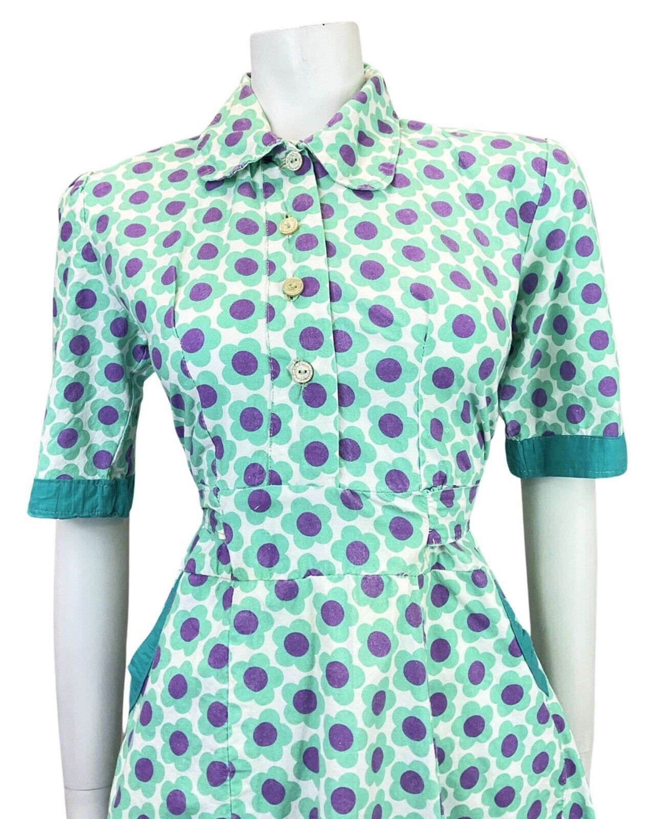 VINTAGE 60s 70s MINT PURPLE DAISY FLOWER MOD PETER PAN COLLAR SHIRT DRESS 14