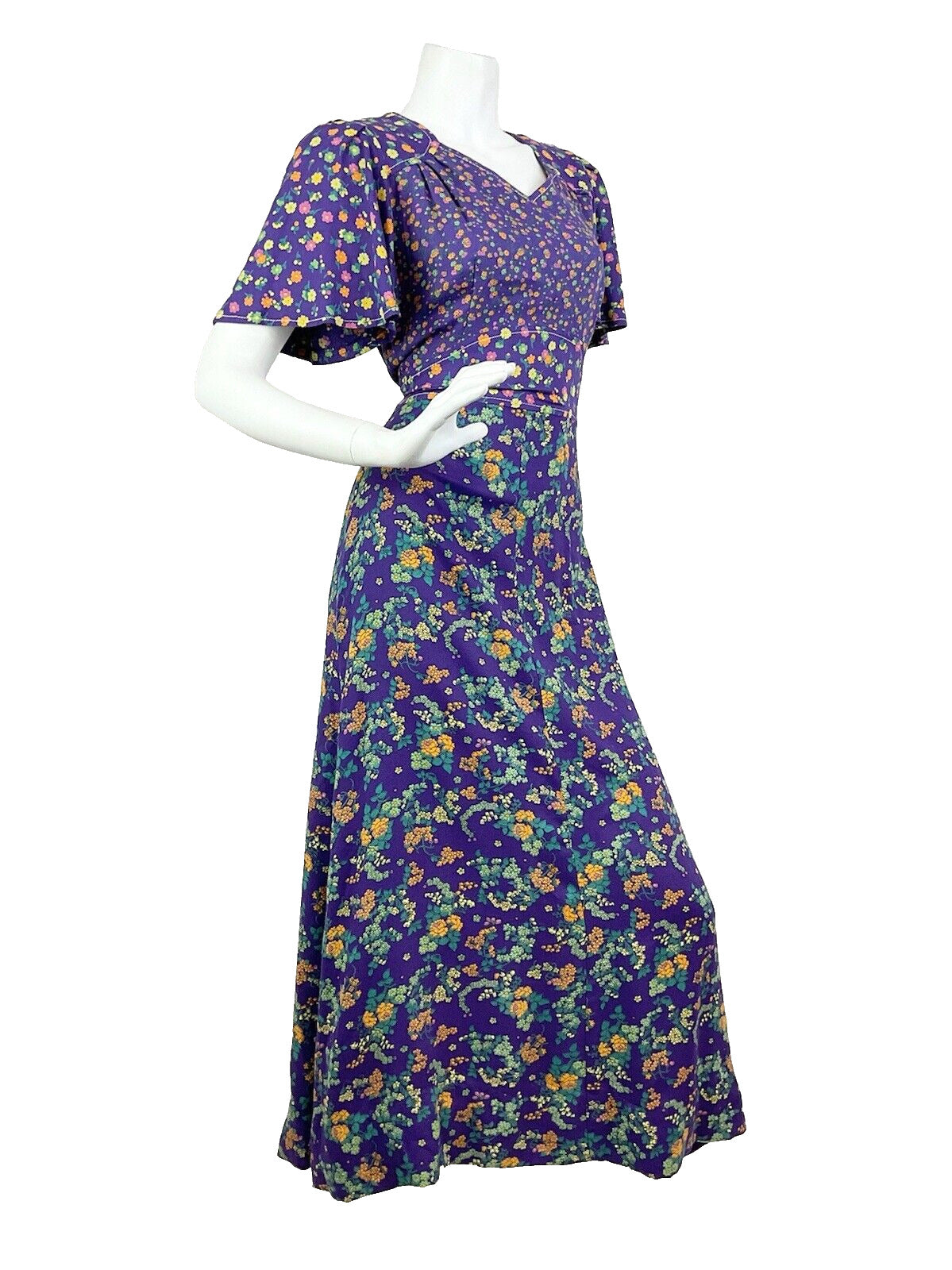 VINTAGE 60s 70s PURPLE PINK GREEN FLORAL DITSY CAPE SLEEVE MOD MAXI DRESS 10 12
