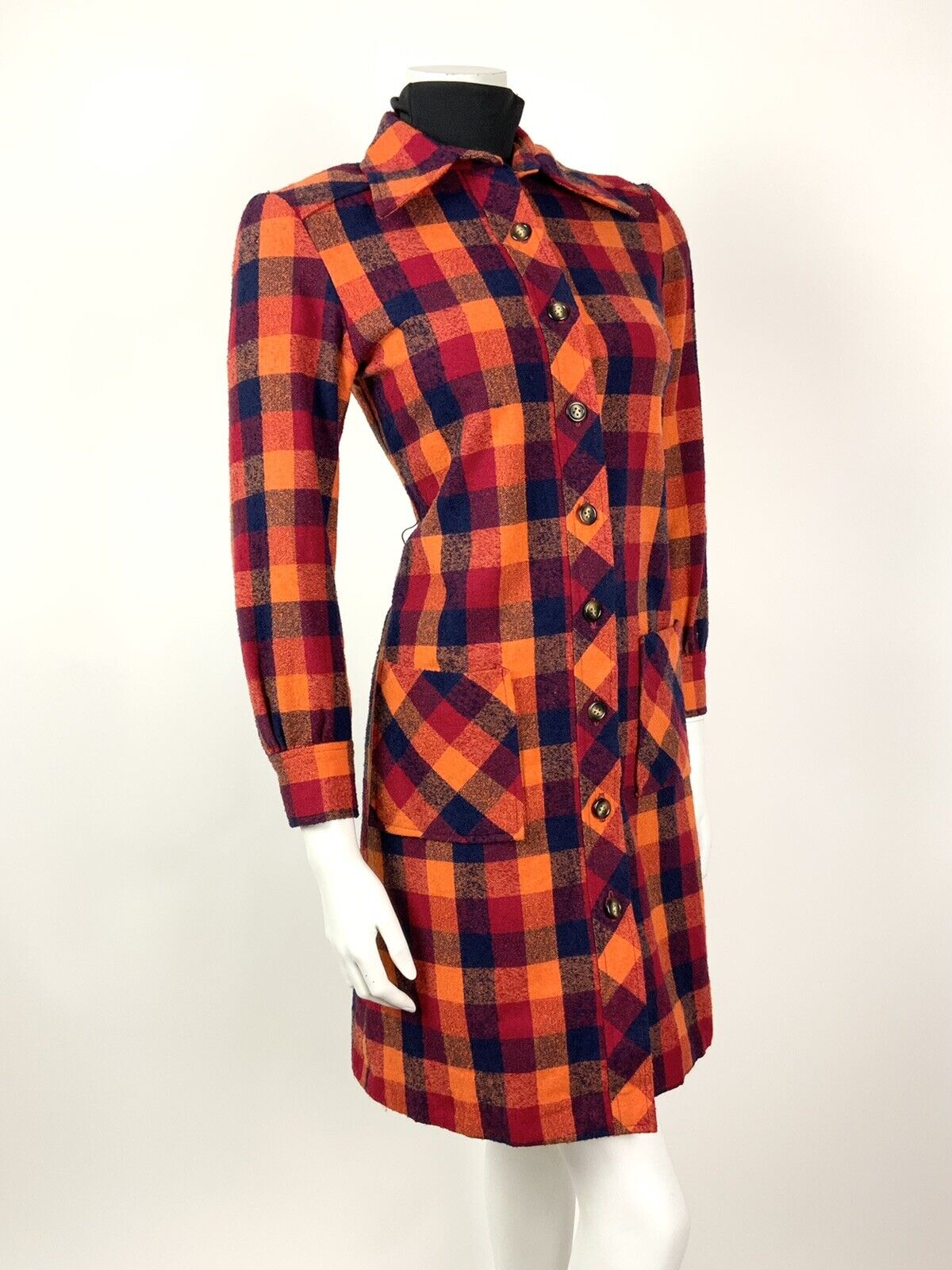 VINTAGE ORANGE RED BLUE CHECKED DAGGER COLLAR MOD WOOL COAT 8 10