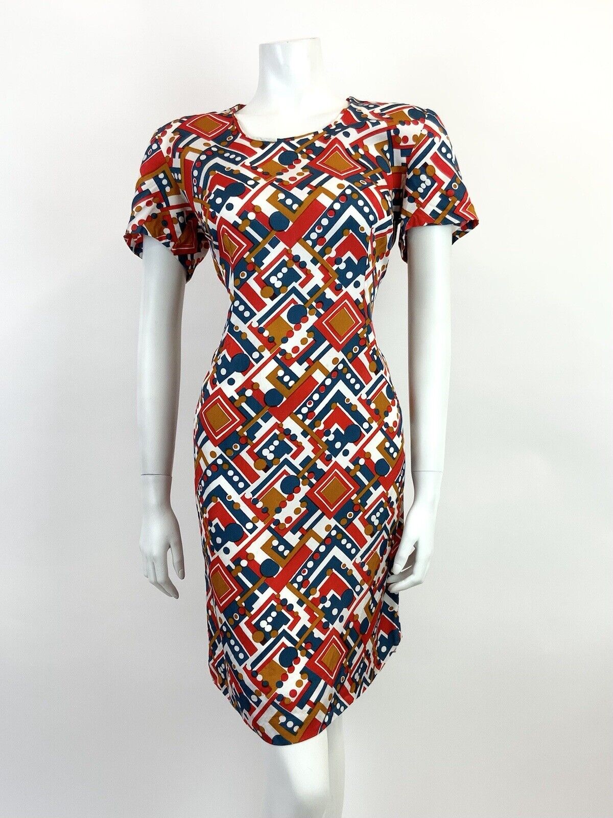 VINTAGE 60s 70s WHITE BLUE RED BRONZE GEOMETRIC DOTTY MOD DRESS 12 14
