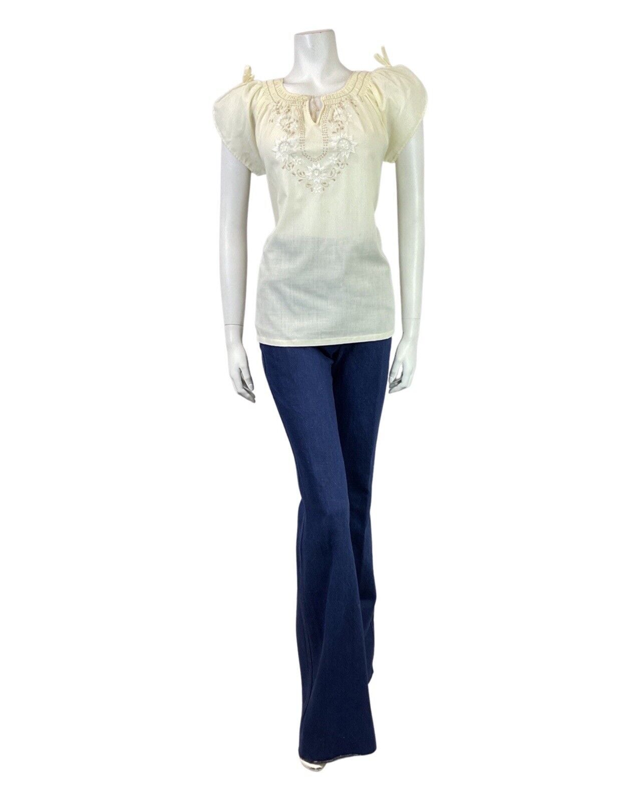 VINTAGE 60s 70s CREAM YELLOW BEIGE FLORAL EMBROIDERED BOHO FOLK BLOUSE 12 14