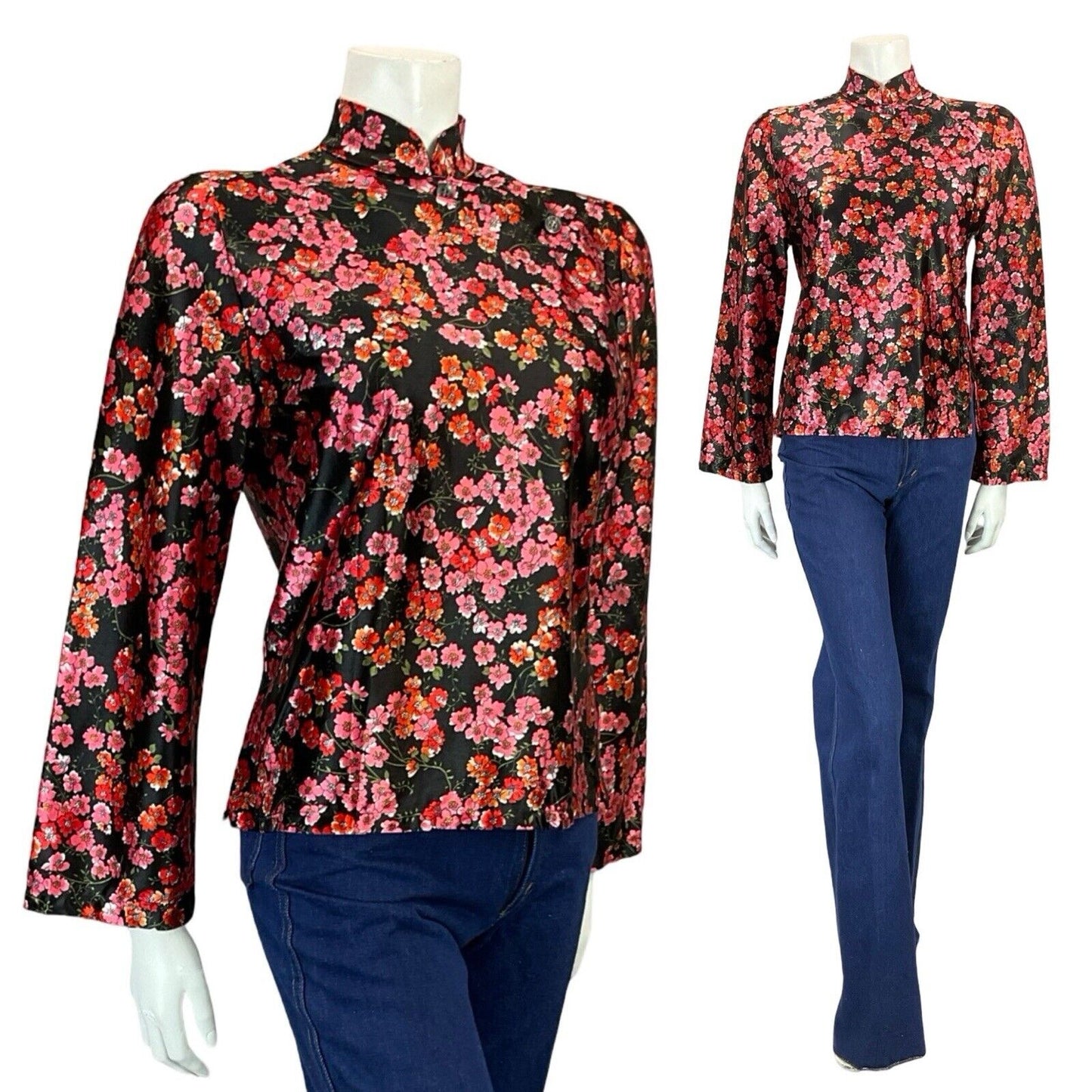 VTG 70S BLACK RED PINK FLORAL CHERRY BLOSSOM MANDARIN CHEONSAM TOP BLOUSE 8 10 S