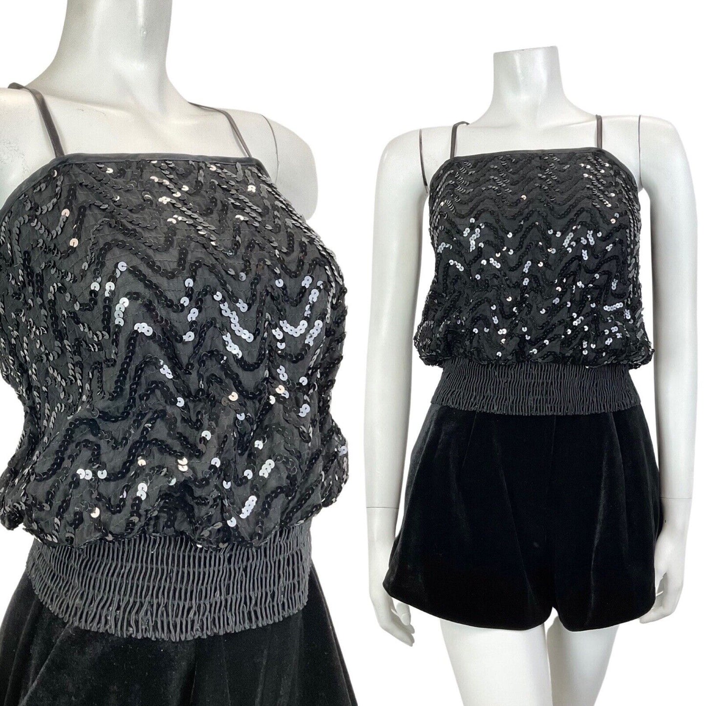 VINTAGE 70s BLACK WAVY SEQUIN BLOUSON SPAGHETTI STRAP STUDIO 54 DISCO TOP 8