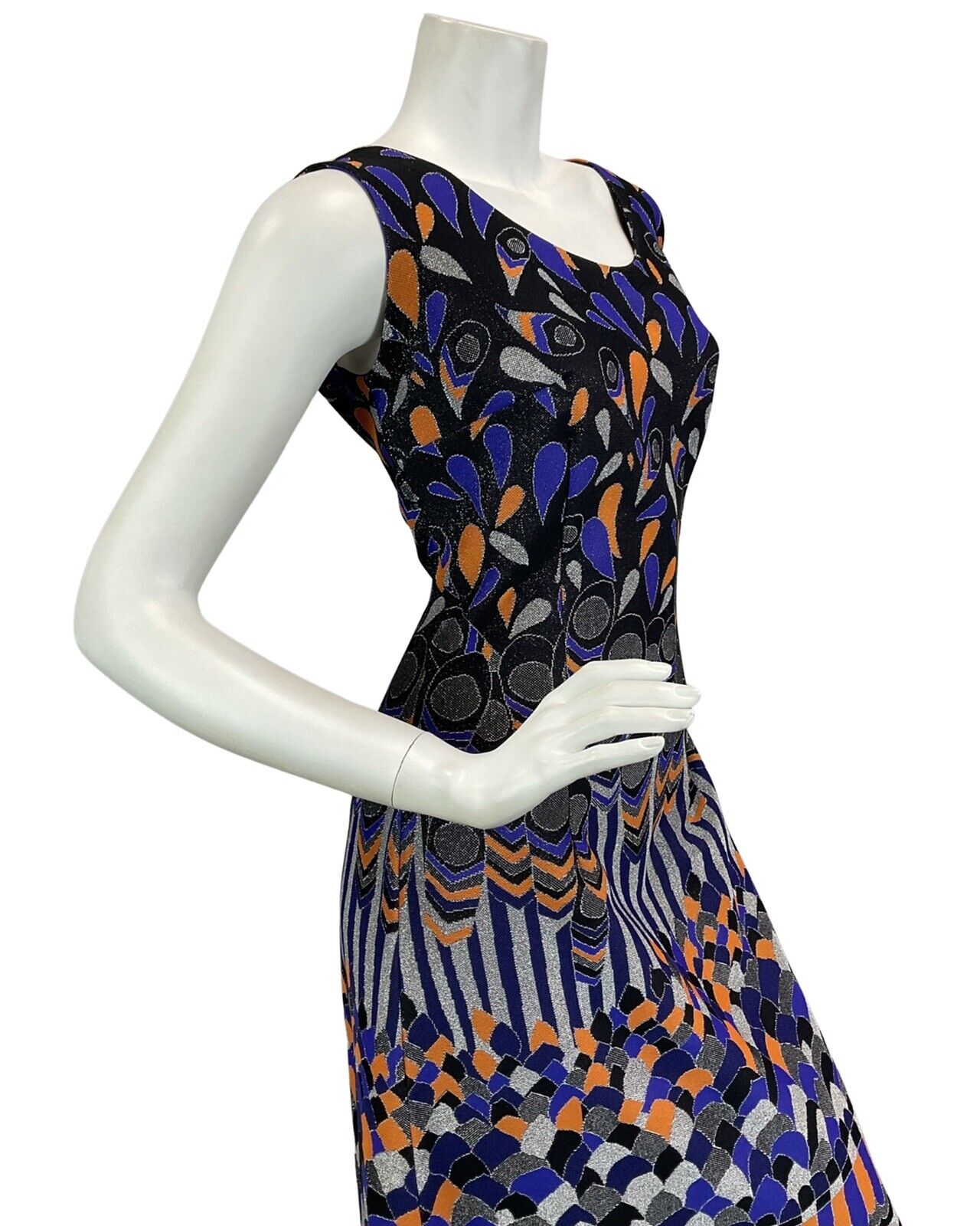 VINTAGE 60s 70s BLACK PURPLE ORANGE SILVER ABSTRACT DISCO PARTY MAXI DRESS 12