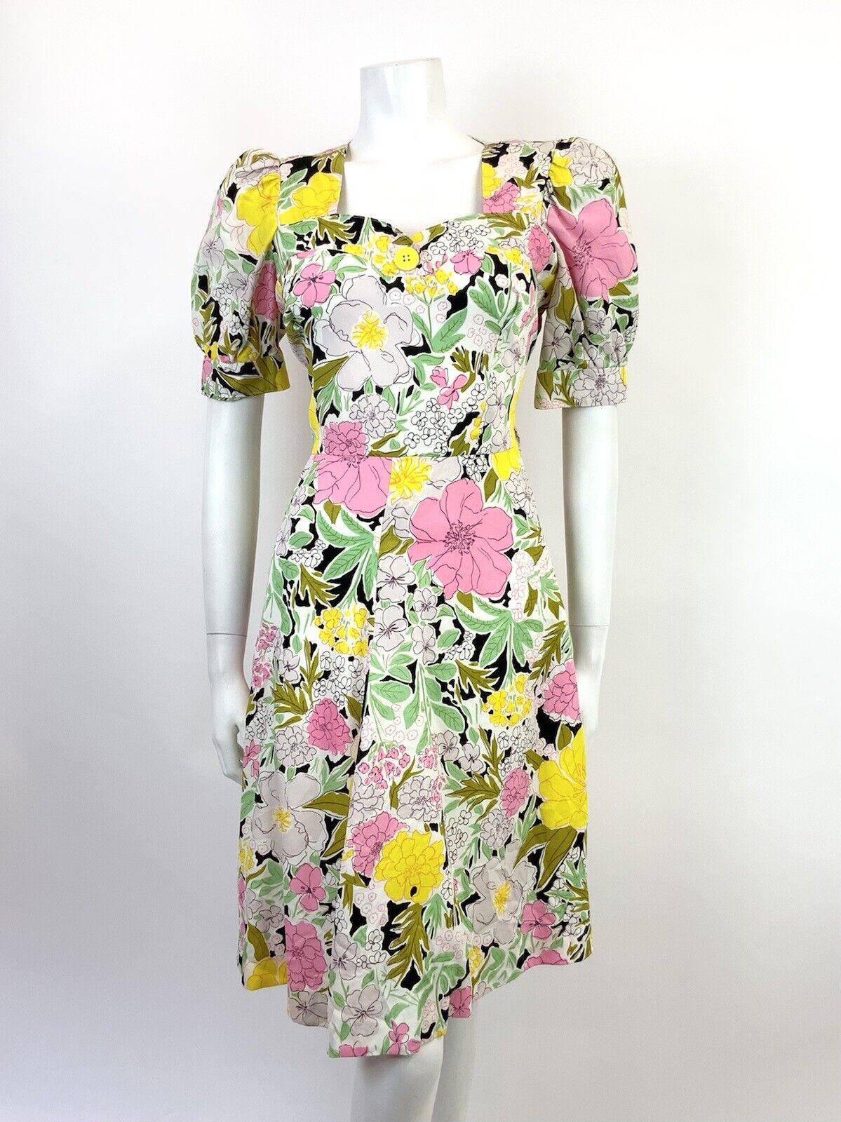 VINTAGE 60s 70s WHITE GREEN PINK BLACK FLORAL PUFF SLEEVE MOD SWING DRESS 10 12