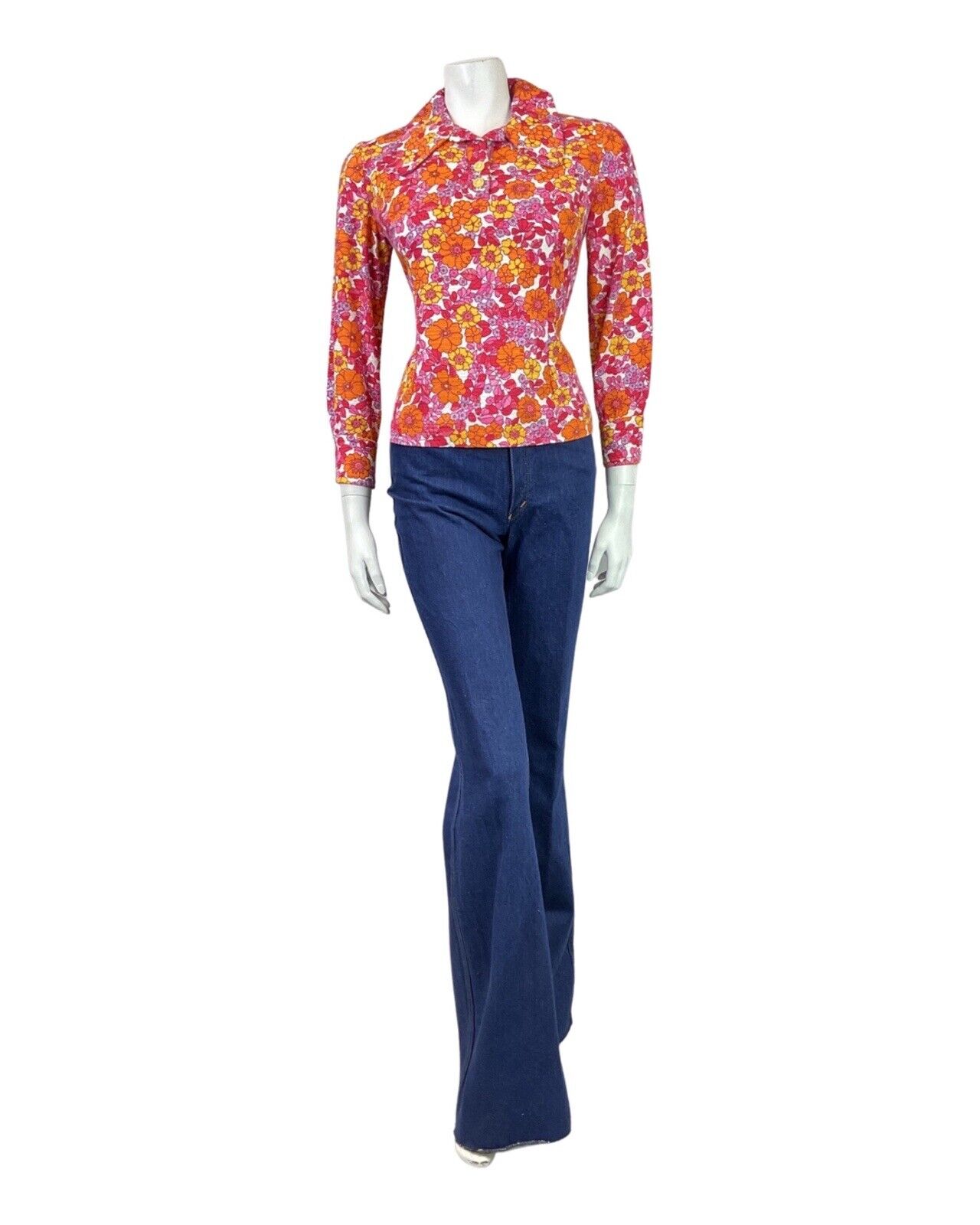 VINTAGE 60s 70s PINK ORANGE RED PSYCHEDELIC FLORAL DAISY BEAGLE COLLAR BLOUSE 8
