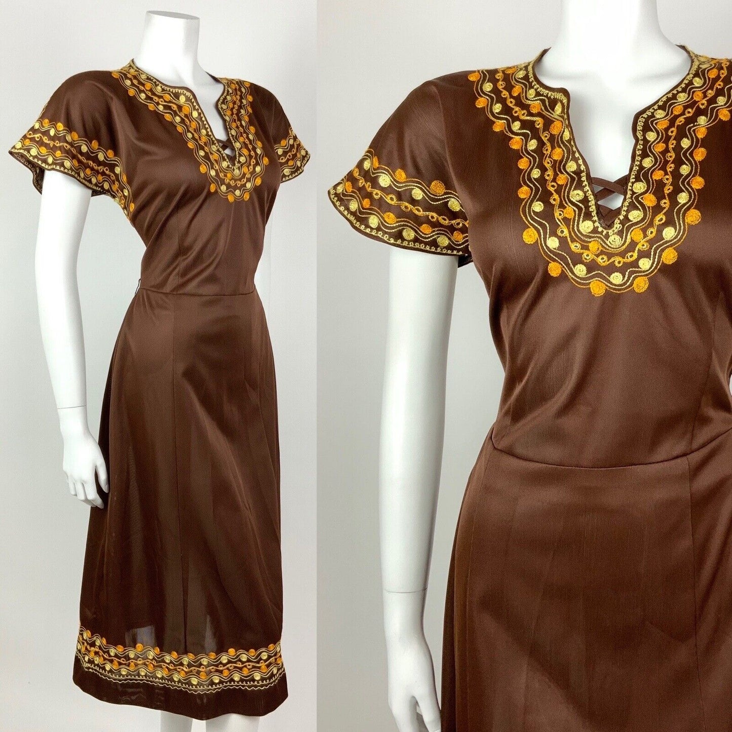 VTG 60s 70s BROWN YELLOW ORANGE EMBROIDERY KAFTAN SWIRL BOHO FOLK DRESS 12 14