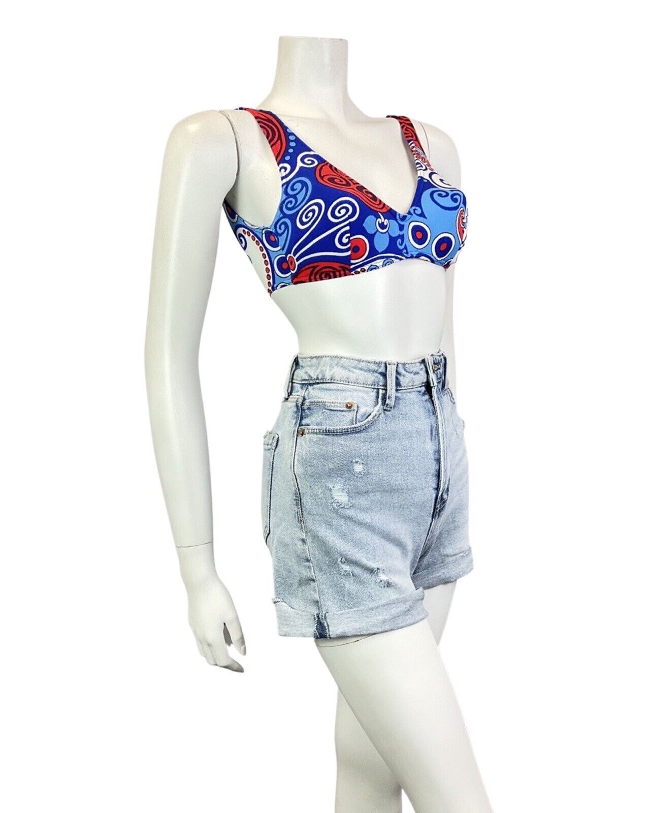 VINTAGE 60s 70s BLUE RED WHITE PSYCHEDLEIC SWIRL MOD BIKINI BRALETTE SHORTS 4