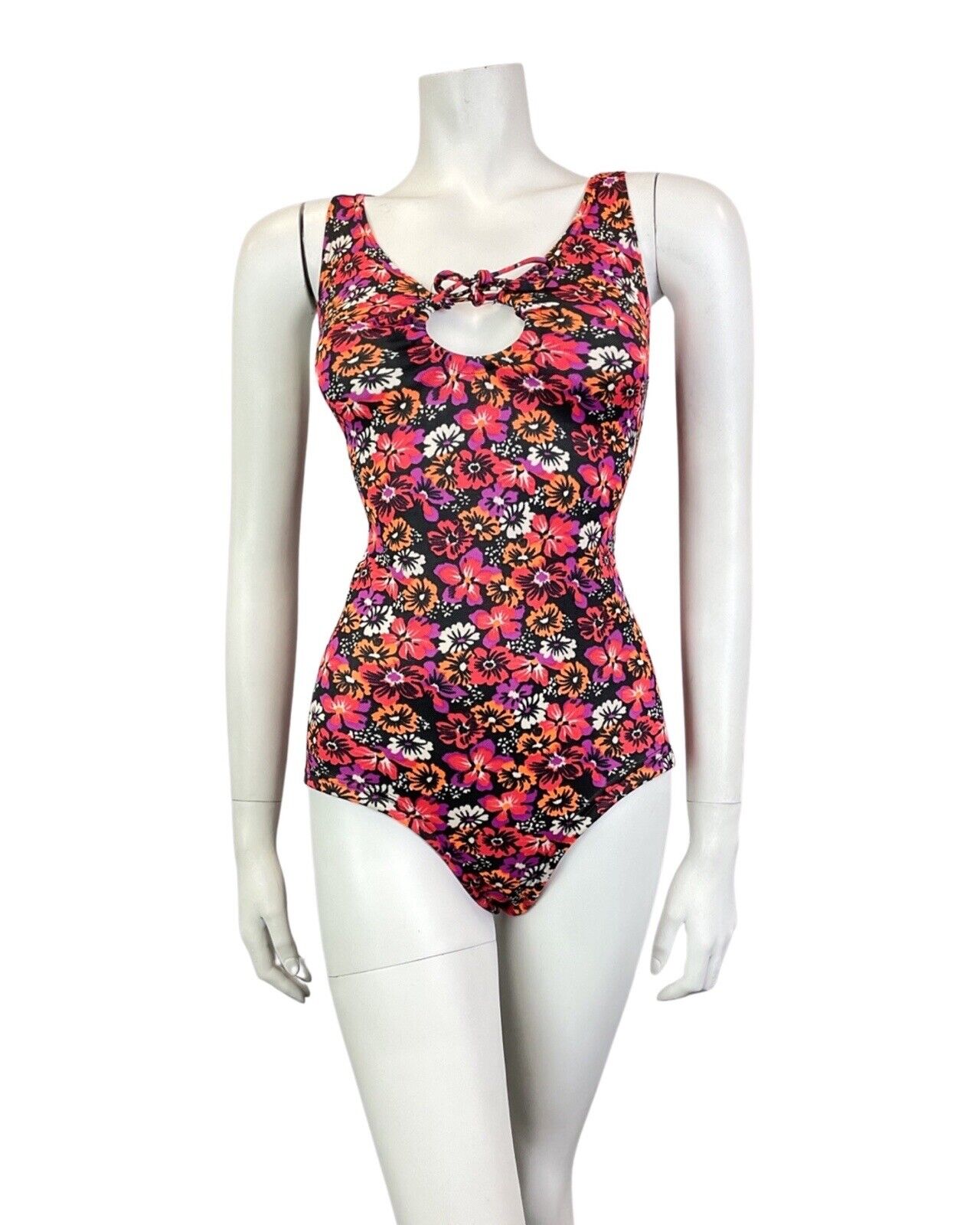 VINTAGE 60s 70s PINK BLACK ORANGE NEON PSYCHEDELIC FLORAL SWIMSUIT BODYSUIT 10