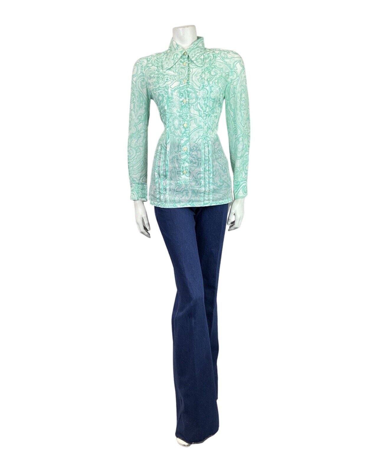 VINTAGE 60s 70s MINT GREEN WHITE PSYCHEDELIC PAISLEY FLORAL DAGGER SHIRT 10